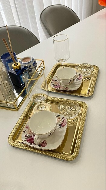 Beden Renk 2'Li Kahve & Çay & Sunum Tepsisi Motifli Kare Gold Çelik Tepsi