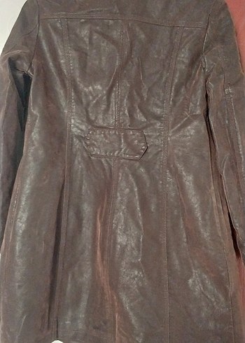 Düğmeli Kahverengi Deri Kadın kaban mont trençkot - Görsel 6