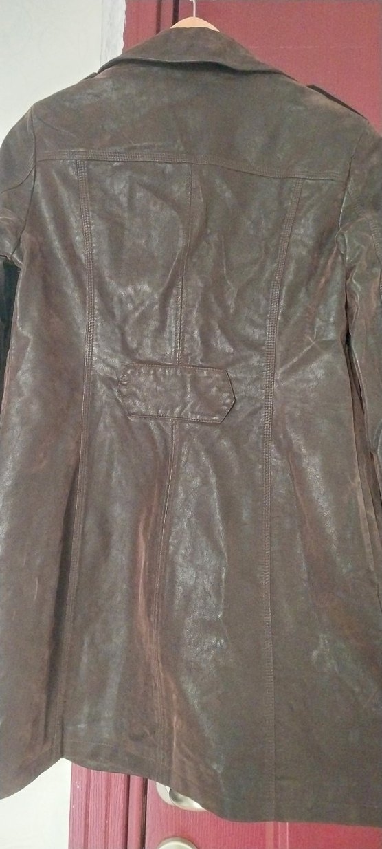 Düğmeli Kahverengi Deri Kadın kaban mont trençkot - Görsel 5