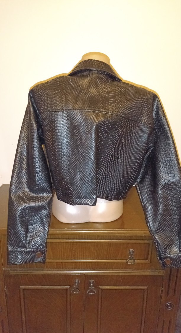 Siyah Yılan Desenli Deri Kadın Ceket - Görsel 3