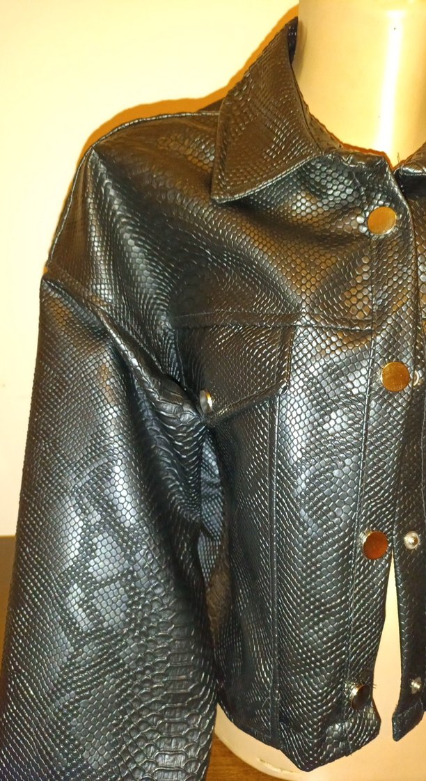 Siyah Yılan Desenli Deri Kadın Ceket - Görsel 2