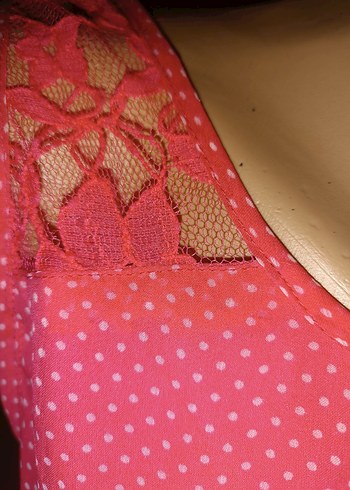 Puantiyeli Dantelli Pembe Midi Elbise - Görsel 3