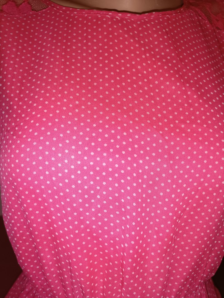 Puantiyeli Dantelli Pembe Midi Elbise - Görsel 2