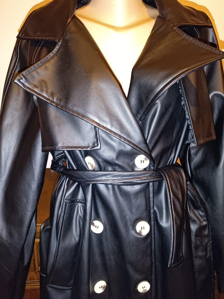 Kahverengi Deri Kemerli Uzun Kadın Trençkot - Görsel 2