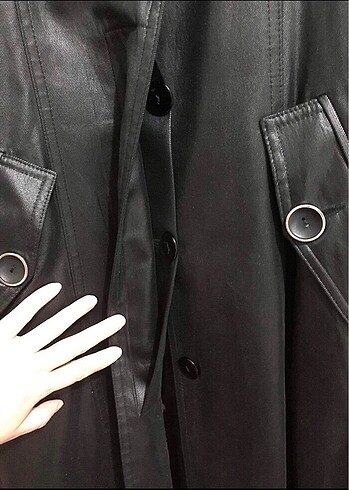 Kadın kap pardesü siyah deri görünümlü spor şık 38 beden - Görsel 3