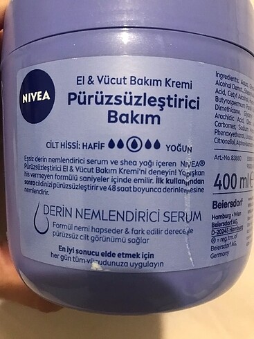 Beden Renk Nivea 400 ml Pürüzsüzleştirici El ve Vücut Bakım Kremi