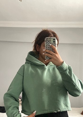 Zara Kadın Haki Kapüşonlu Rahat Sweatshirt