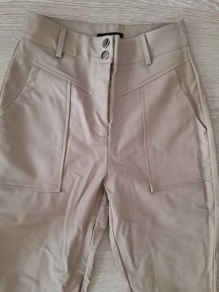 Bej Deri Kadın Kemerli Pantolon - Görsel 2