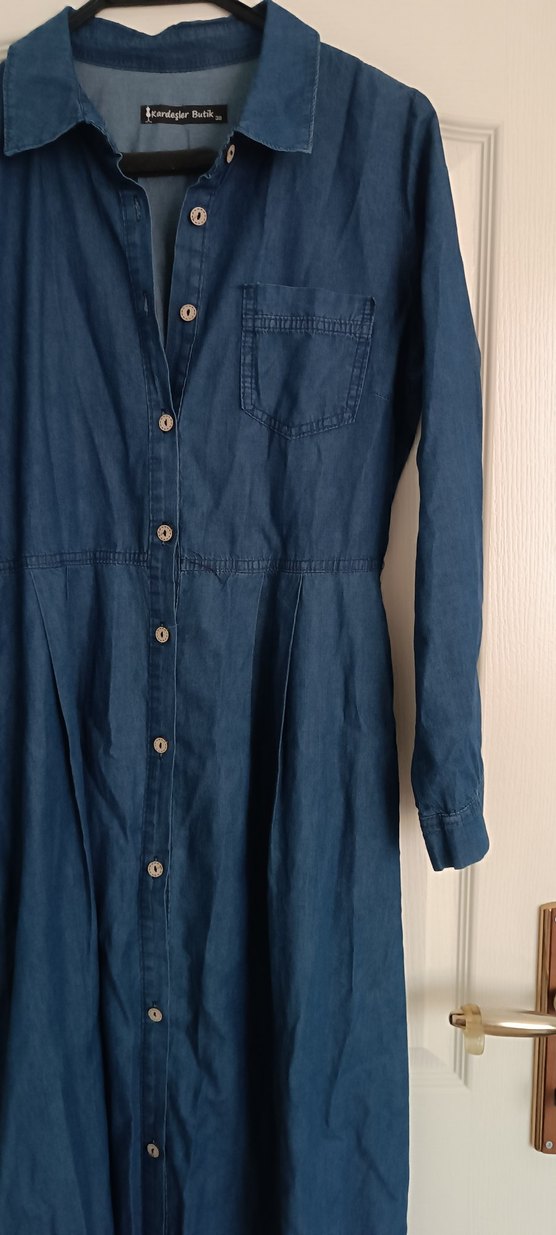 Düğmeli Lacivert Uzun Denim Elbise - Görsel 3