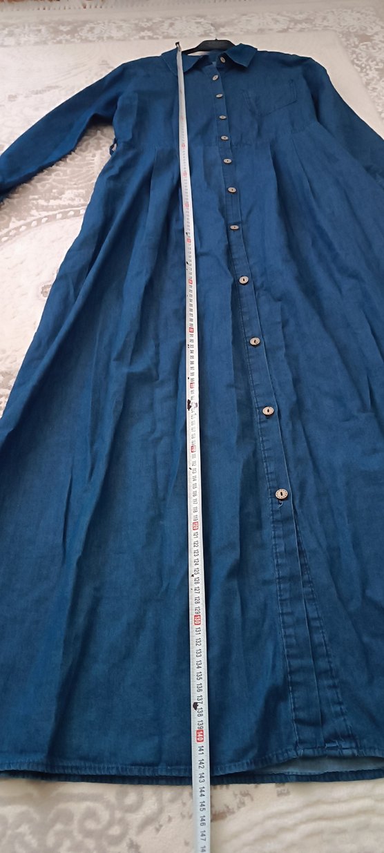 Düğmeli Lacivert Uzun Denim Elbise - Görsel 4