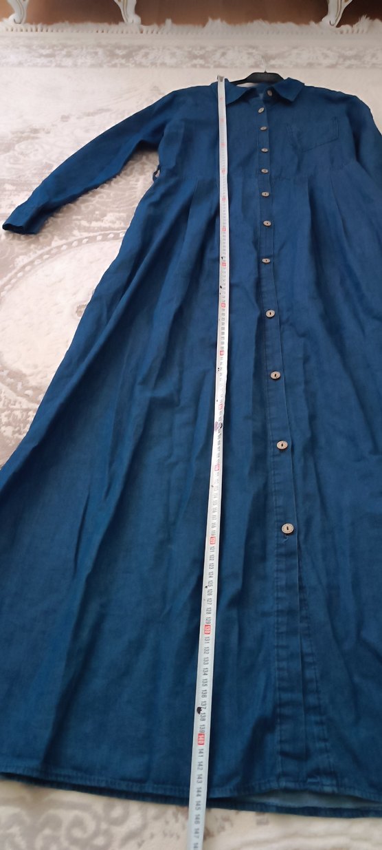 Düğmeli Lacivert Uzun Denim Elbise - Görsel 5