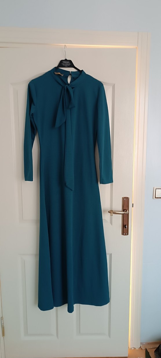 Uzun Kollu Drapeli Mavi Kadın Elbise - Görsel 2