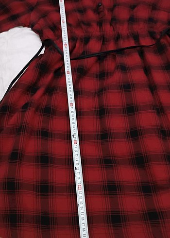 Kemerli Kırmızı Kareli Kadın Gömlek Elbise - Görsel 5