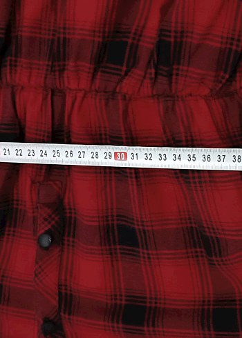 Kemerli Kırmızı Kareli Kadın Gömlek Elbise - Görsel 6