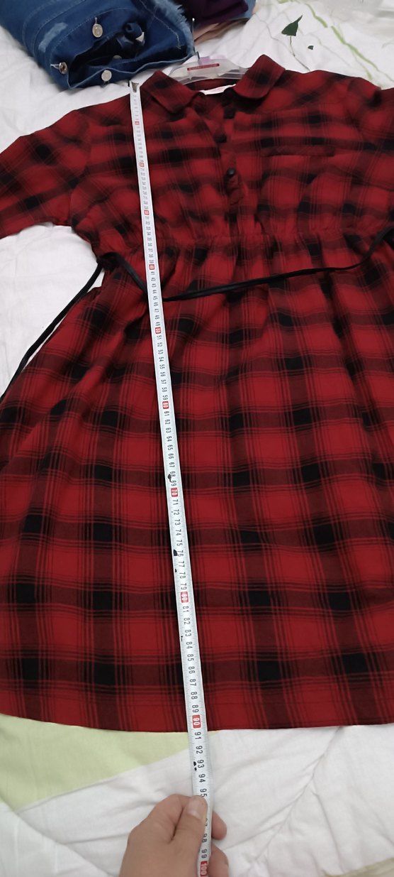 Kemerli Kırmızı Kareli Kadın Gömlek Elbise - Görsel 5