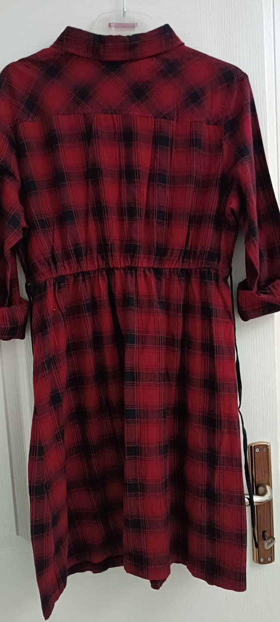 Kemerli Kırmızı Kareli Kadın Gömlek Elbise - Görsel 2