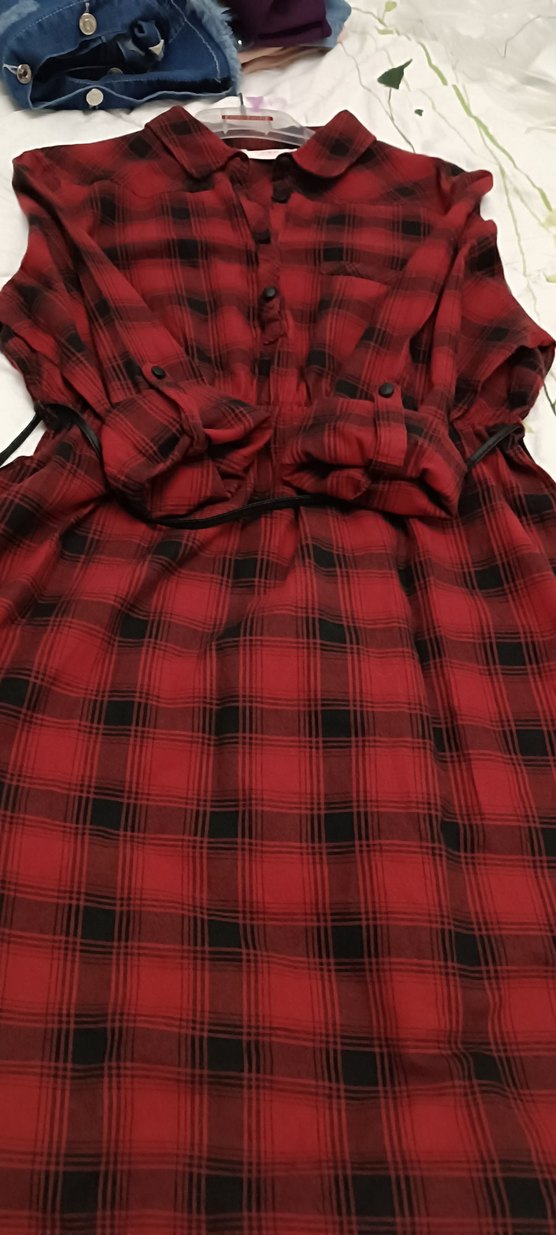 Kemerli Kırmızı Kareli Kadın Gömlek Elbise - Görsel 4