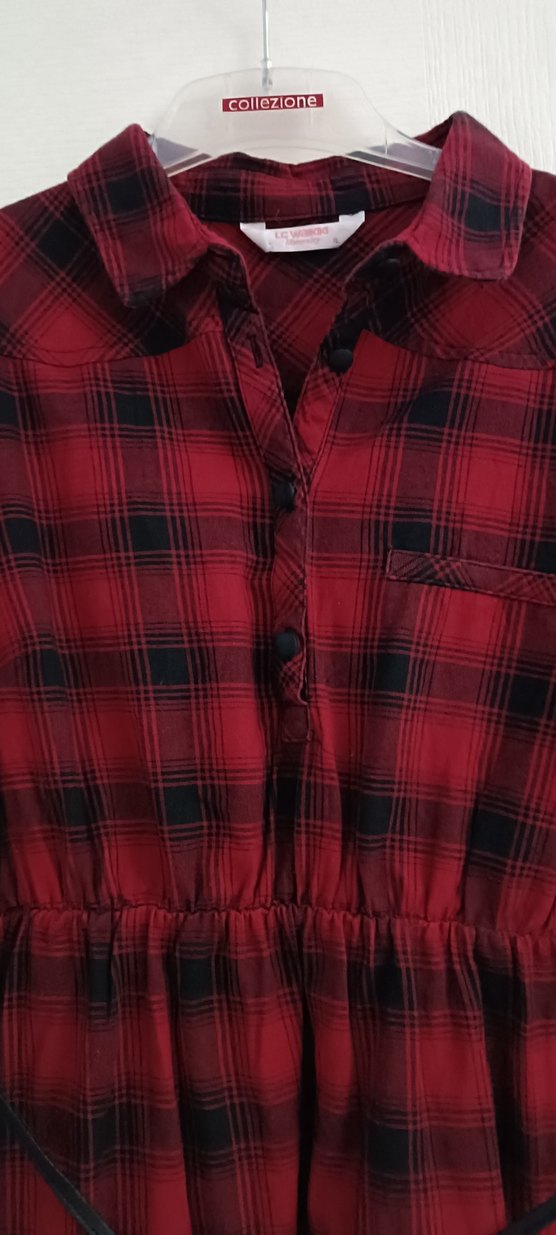 Kemerli Kırmızı Kareli Kadın Gömlek Elbise - Görsel 3