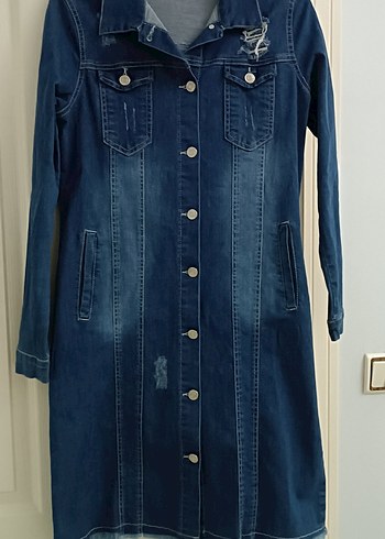 Kadın Lacivert Uzun Denim Ceket kot