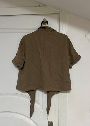 Bej Kadın Keten Kısa Kollu Gömlek - Görsel 3