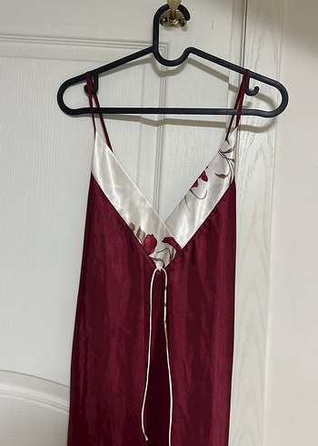 Bordo V Yakalı Uzun Saten Gecelik - Görsel 2