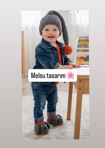 Gri Örgü Çocuk Sıcak panduf ve bere - Görsel 2