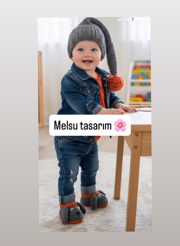 Gri Örgü Çocuk Sıcak panduf ve bere - Görsel 2