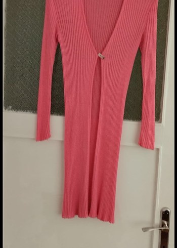Pembe V Yaka Uzun Örme Kadın Kazak