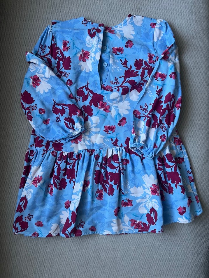 Uzun Kollu Mavi Çiçekli Kız Çocuk Elbise - Görsel 4