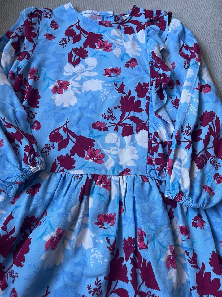 Uzun Kollu Mavi Çiçekli Kız Çocuk Elbise - Görsel 2