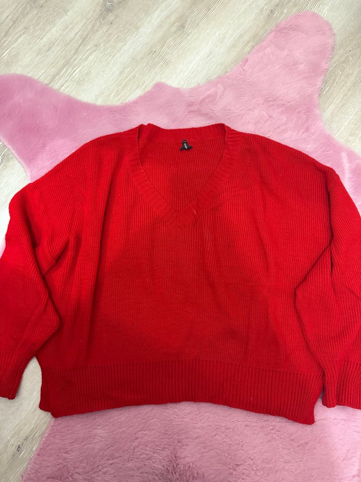 Kırmızı V Yaka Örgü Kadın Kazak - Görsel 3