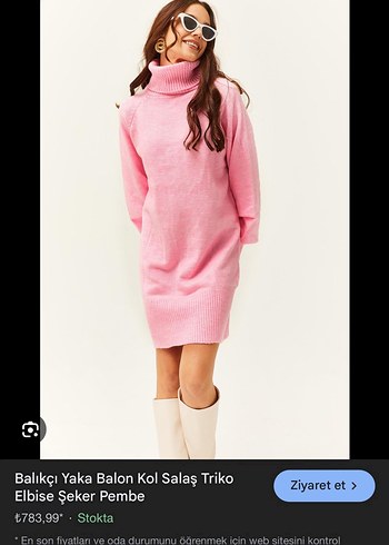 Pembe  Balon Kollu Triko Elbise - Görsel 2