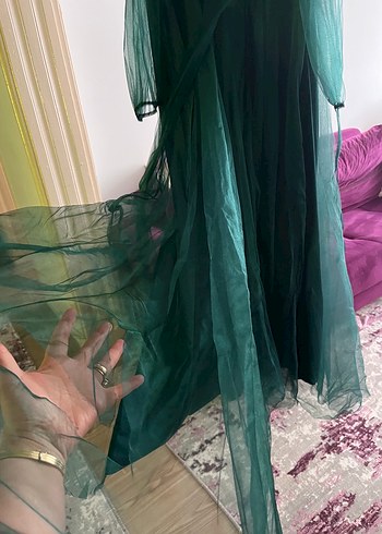 Drapeli V Yakalı Uzun yeşil abiye Elbise - Görsel 3