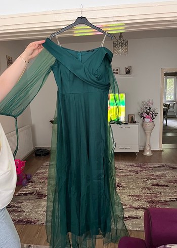 Drapeli V Yakalı Uzun yeşil abiye Elbise - Görsel 2