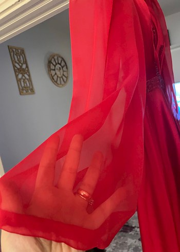 Kırmızı V Yaka Uzun Kollu Kadın Abiye Elbise - Görsel 3