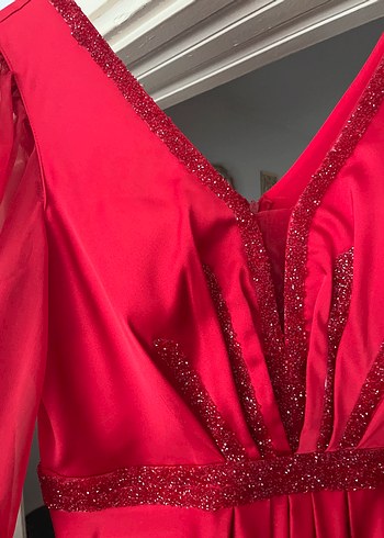 Kırmızı V Yaka Uzun Kollu Kadın Abiye Elbise - Görsel 2