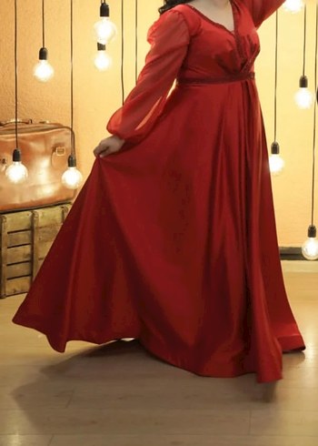 Kırmızı V Yaka Uzun Kollu Kadın Abiye Elbise - Görsel 5