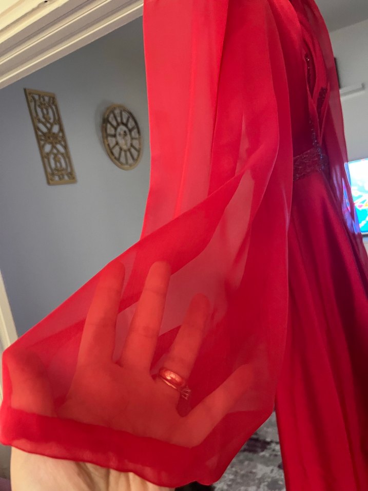 Kırmızı V Yaka Uzun Kollu Kadın Abiye Elbise - Görsel 3