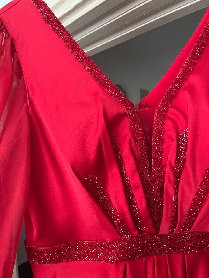 Kırmızı V Yaka Uzun Kollu Kadın Abiye Elbise - Görsel 2