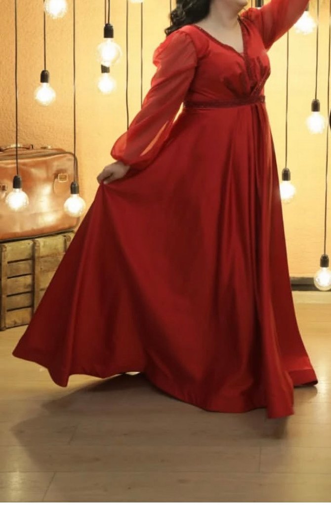 Kırmızı V Yaka Uzun Kollu Kadın Abiye Elbise - Görsel 5