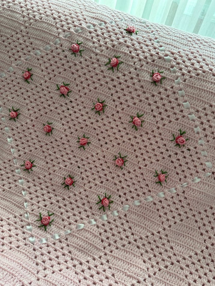 Nakışlı Örgü Pembe Bebek Battaniyesi - Görsel 4