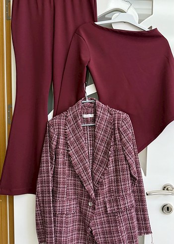 Bordo Ekose Mini Kadın Ceket pantolon üst takım bordo3 lü takım - Görsel 4