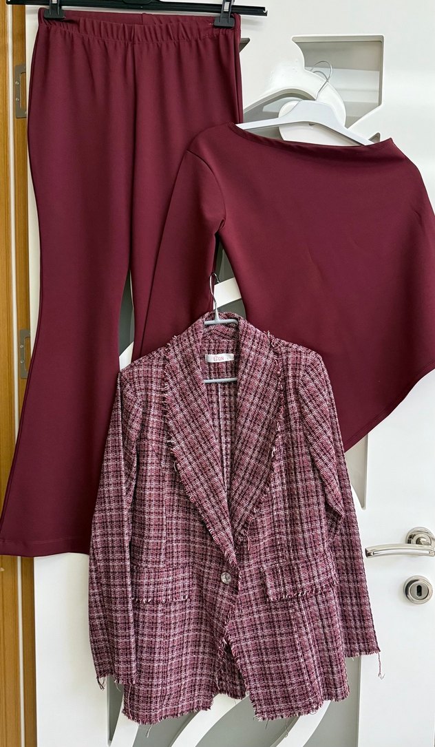 Bordo Ekose Mini Kadın Ceket pantolon üst takım bordo3 lü takım - Görsel 4