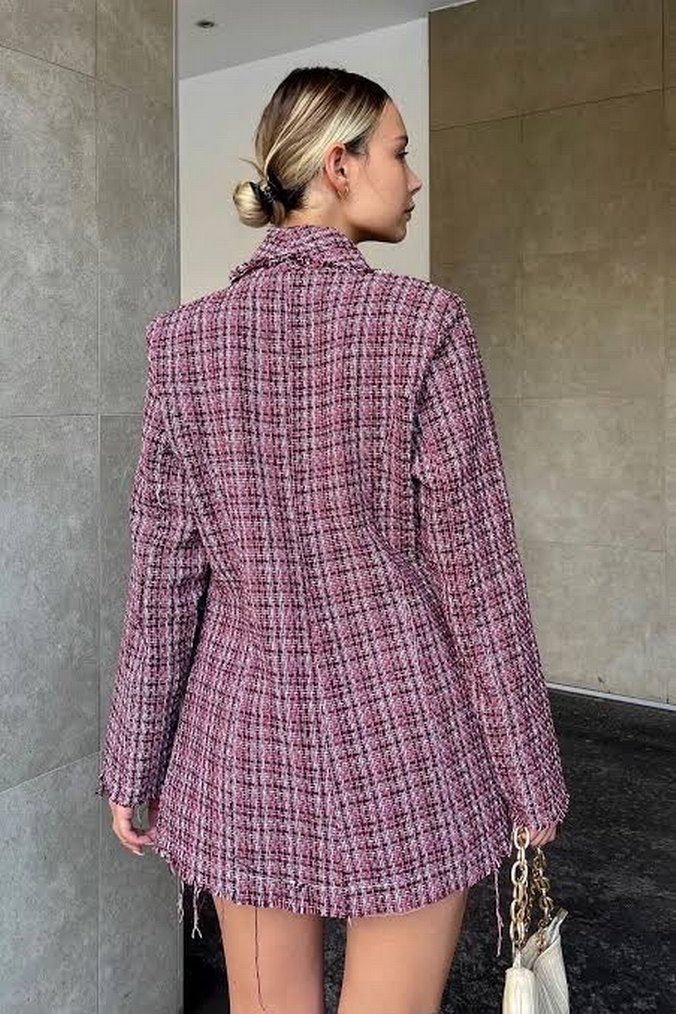 Bordo Ekose Mini Kadın Ceket pantolon üst takım bordo3 lü takım - Görsel 2