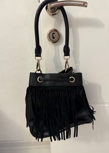 Siyah Deri Püsküllü Bohem Kadın Çanta - Görsel 2