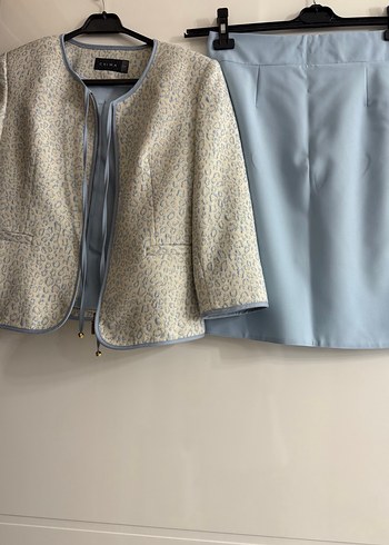 Kadın Mavi Etek ve Desenli Ceket Takım abiye etek ceket - Görsel 2