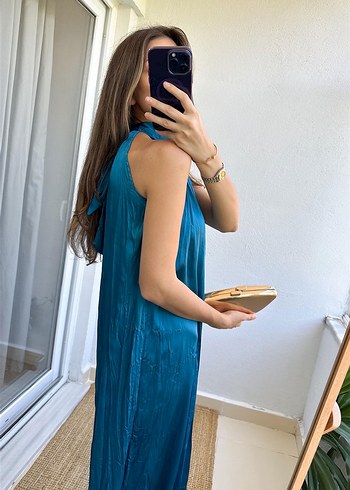 Zara halter yaka mavi elbise saten S beden - Görsel 2