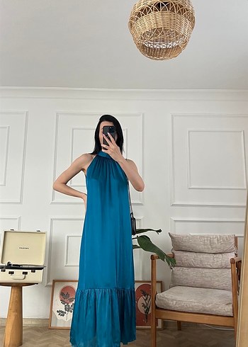 Zara halter yaka mavi elbise saten S beden - Görsel 3