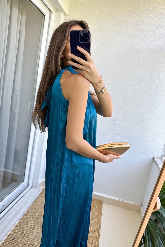 Zara halter yaka mavi elbise saten S beden - Görsel 2