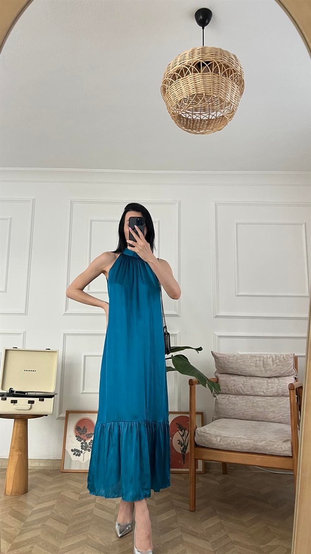 Zara halter yaka mavi elbise saten S beden - Görsel 3